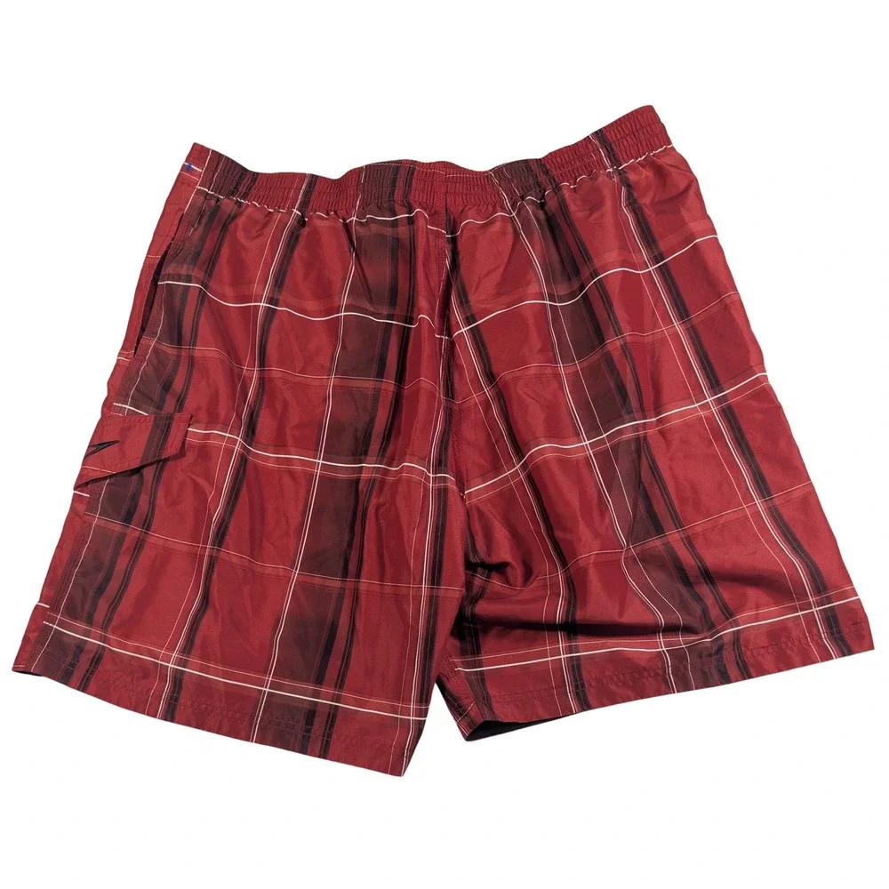Speedo Board Shorts Mens XL Red Plaid Swim Trunks Cargo Pocket Quick Dry Lace Up